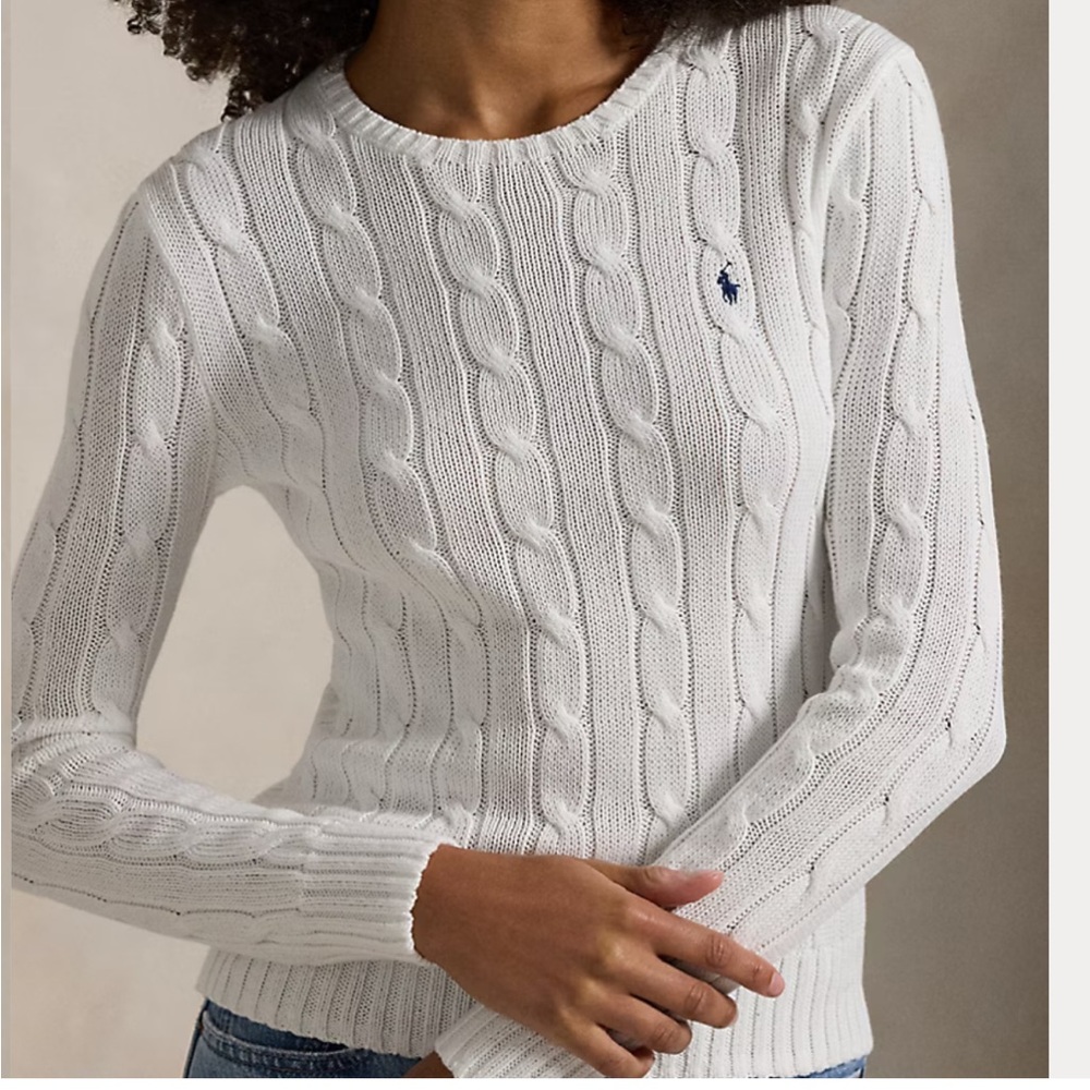 Ralph Lauren White Cable-Knit Scoop Neck Sweater with Navy Pony